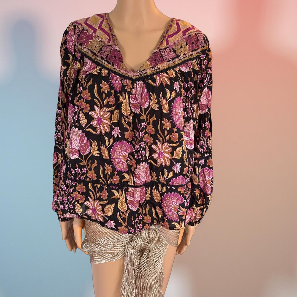 Rachel Zoe Black and Pink Floral Peasant Top Size M
